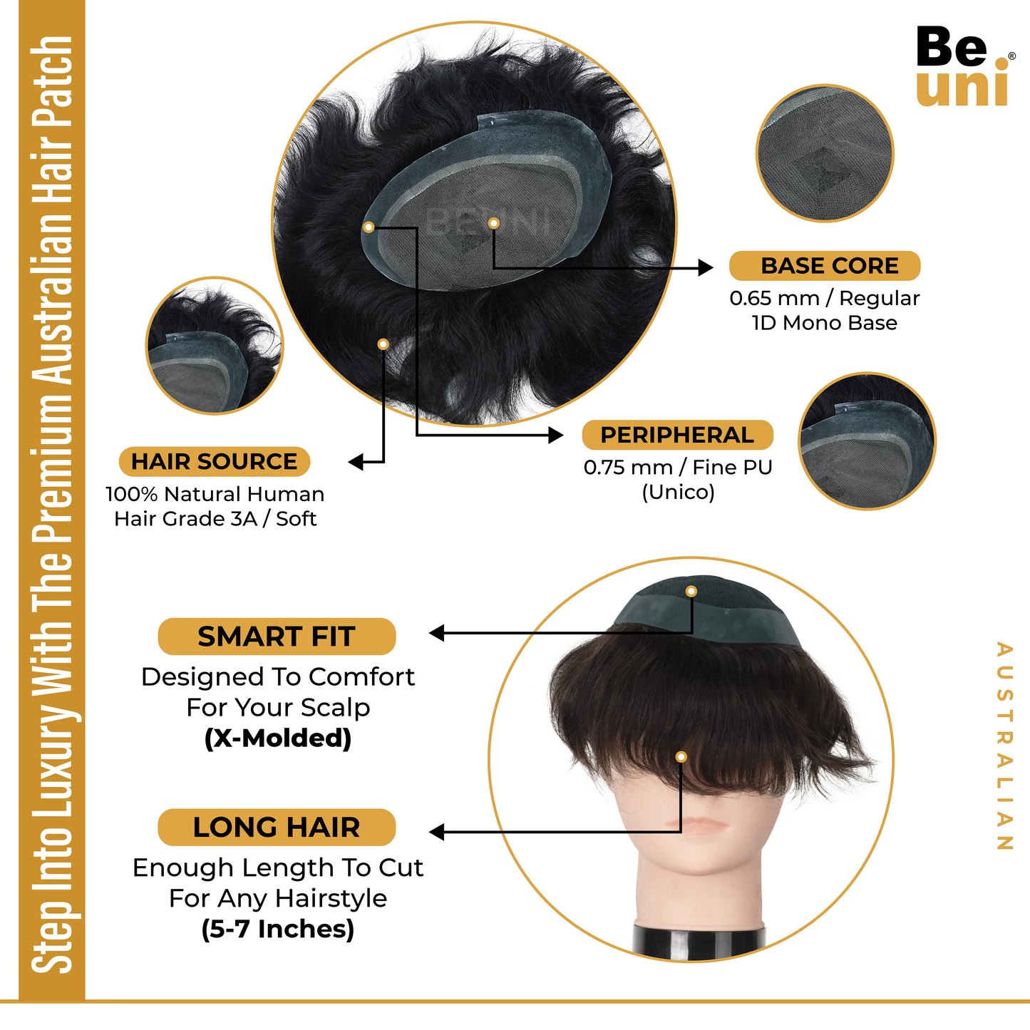 Beuni Australian Miraj Hair Patch Transparent Poly PU Front and Border, Natural Front Hairline Skin Base for Real Looking Scalp Undetectable Toupee Hair Wig for Men (Black)