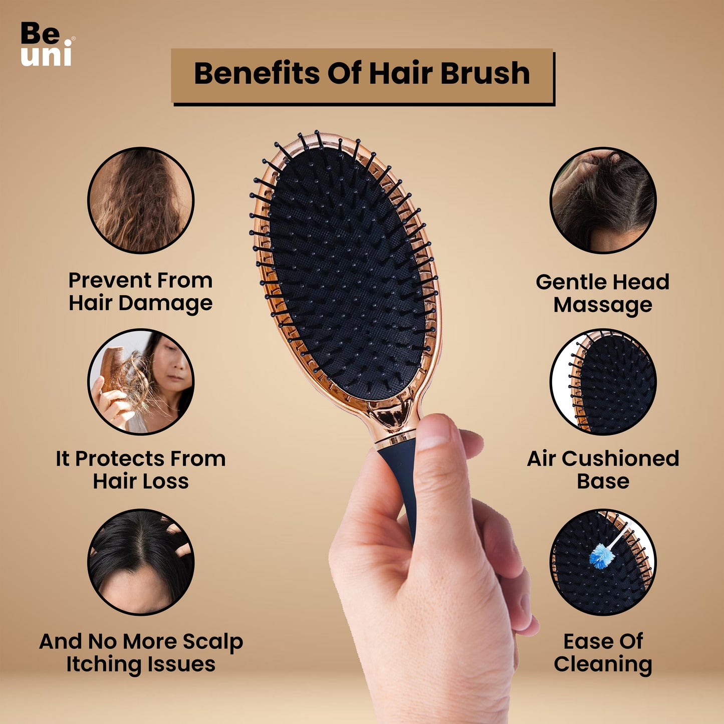 (Oval Cushion Golden) Beuni Professional Perfect Hair Brush for Men, Women, and Kids, Detangler for All Hair Types with Soft Bristles