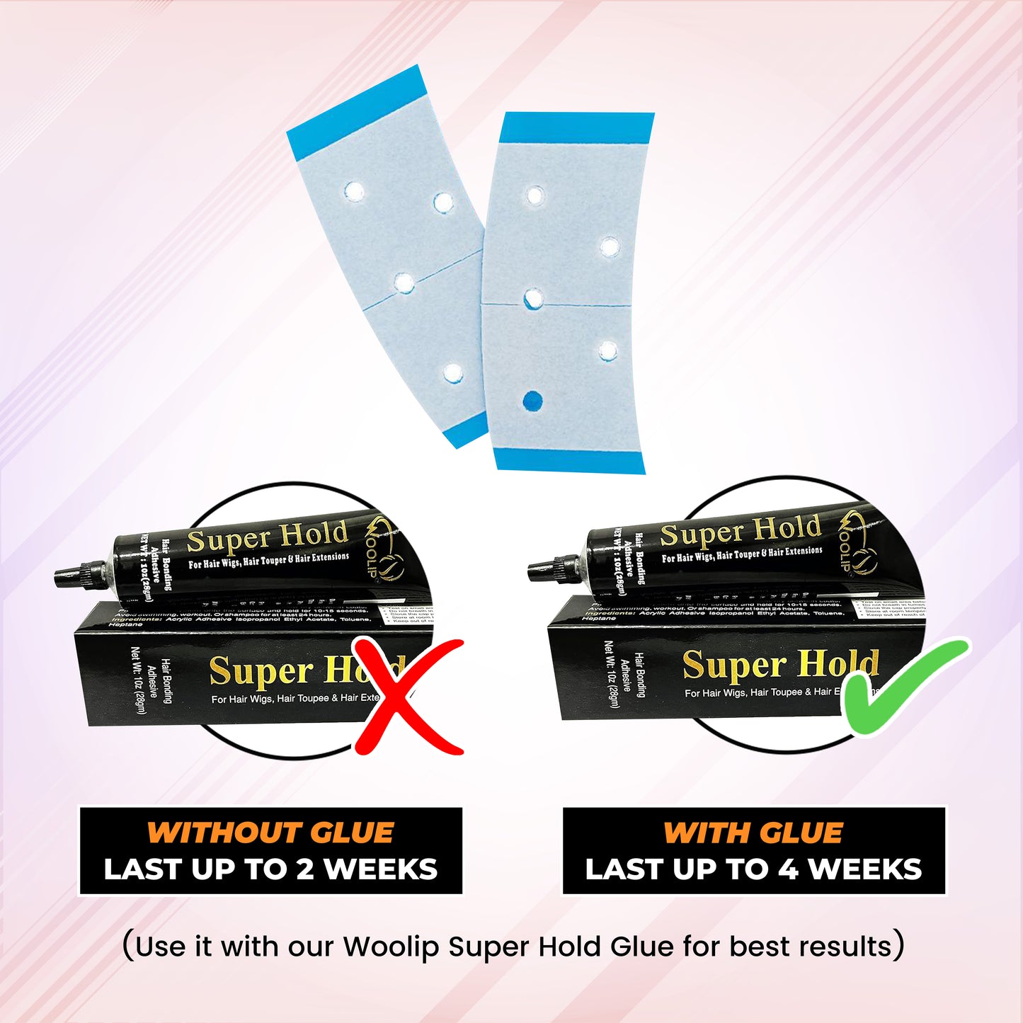 Woolip Extenda Bond Hair System Adhesive Glue Strips Double Sided Wig Tape (Shape C Contour) (36 Pieces Per Pack)