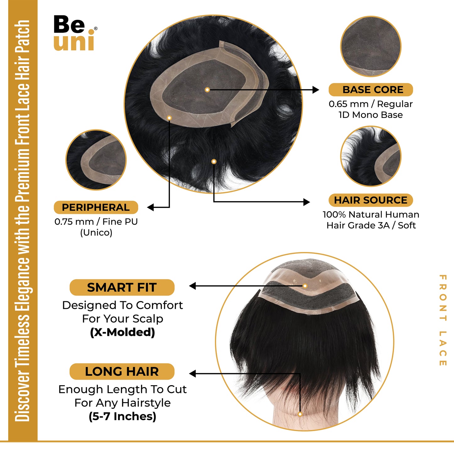 Beuni Front lace Hair patch for men | Hair wig for men | 100% natural human hair | Natural Hairline| Comfortable Lace Base | Black