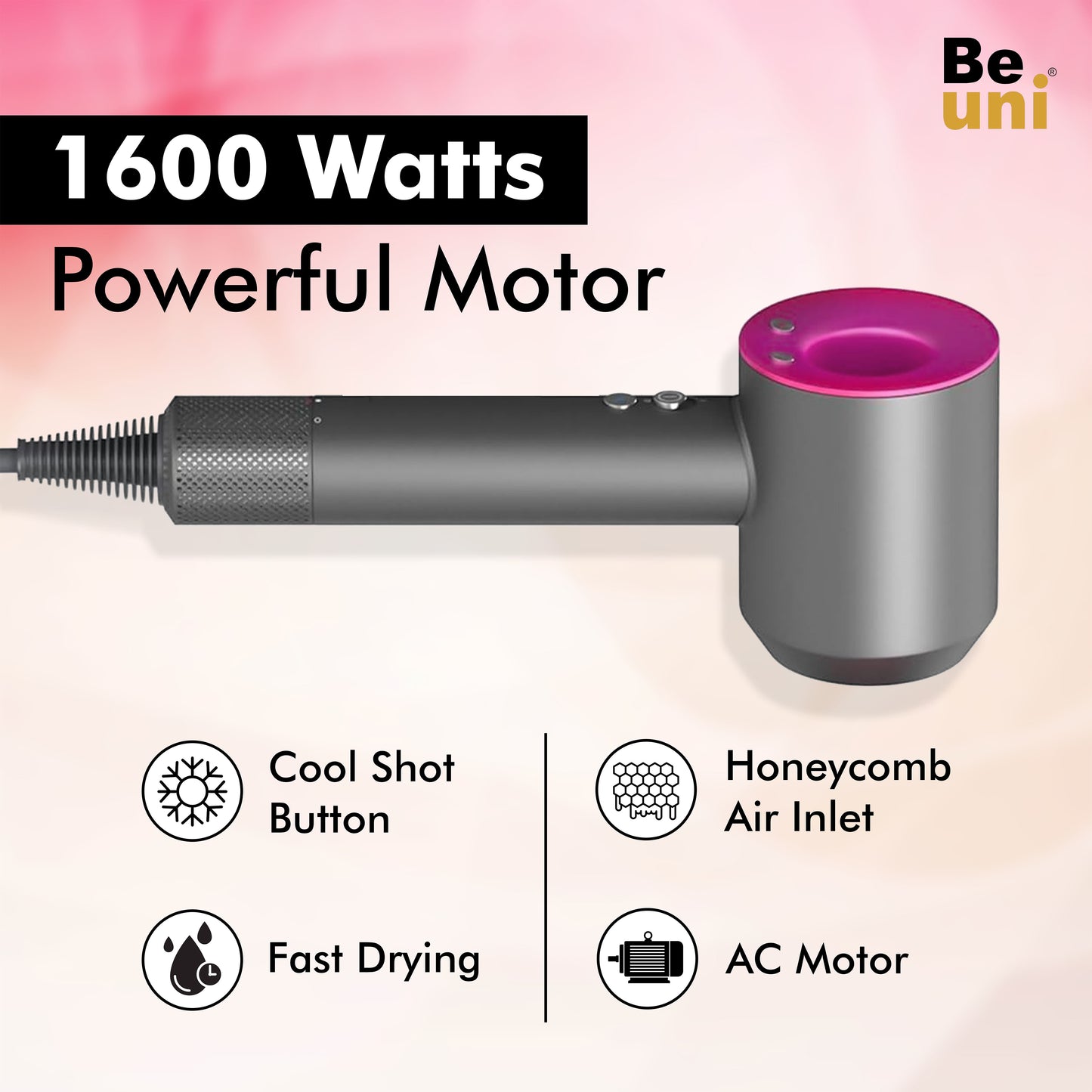 Beuni Supersonic Hair Dryer (Extra Attachments)– Full Styling Kit with High-Speed Motor and 5 Magnetic Attachments