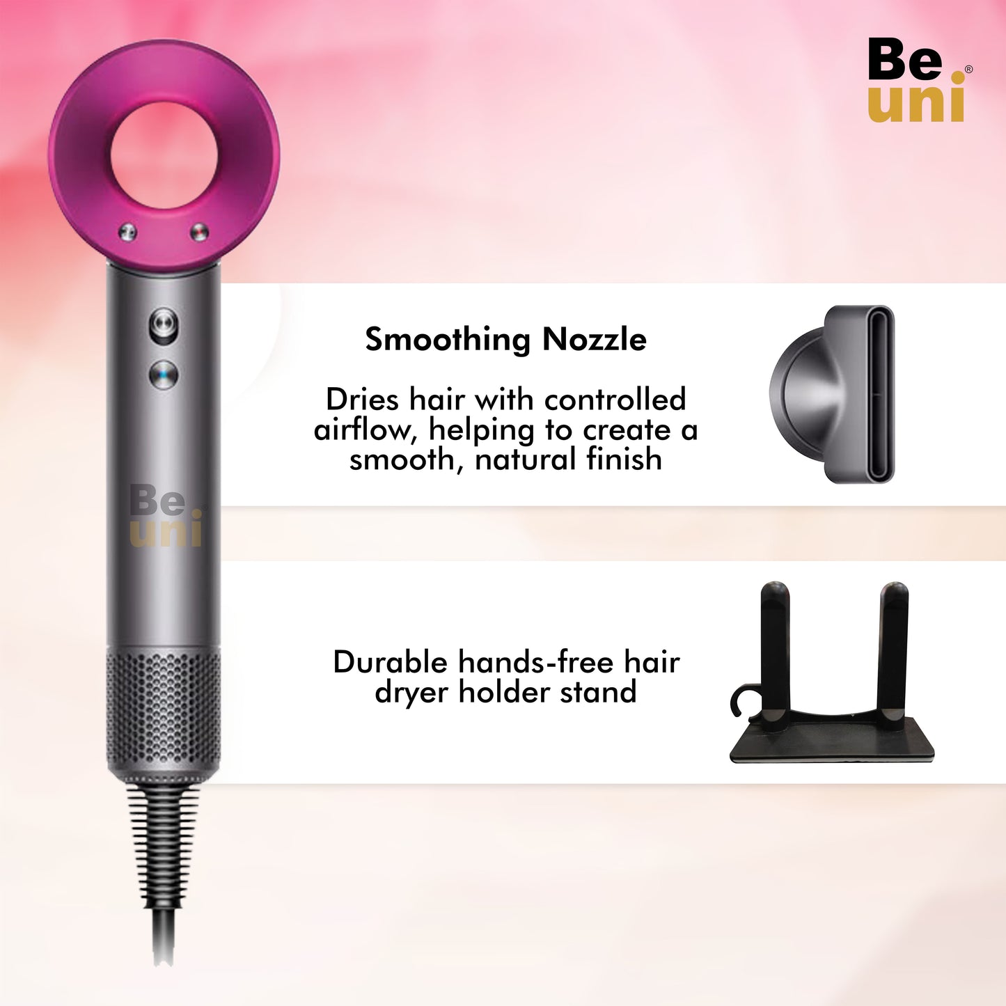 Beuni Supersonic Hair Dryer (Extra Attachments)– Full Styling Kit with High-Speed Motor and 5 Magnetic Attachments
