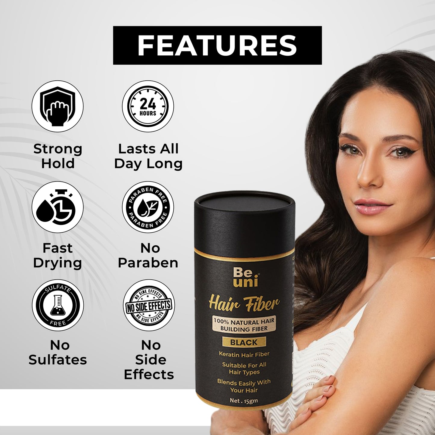 Beuni Hair Fibers for Women & Men (Black - 15Gm)