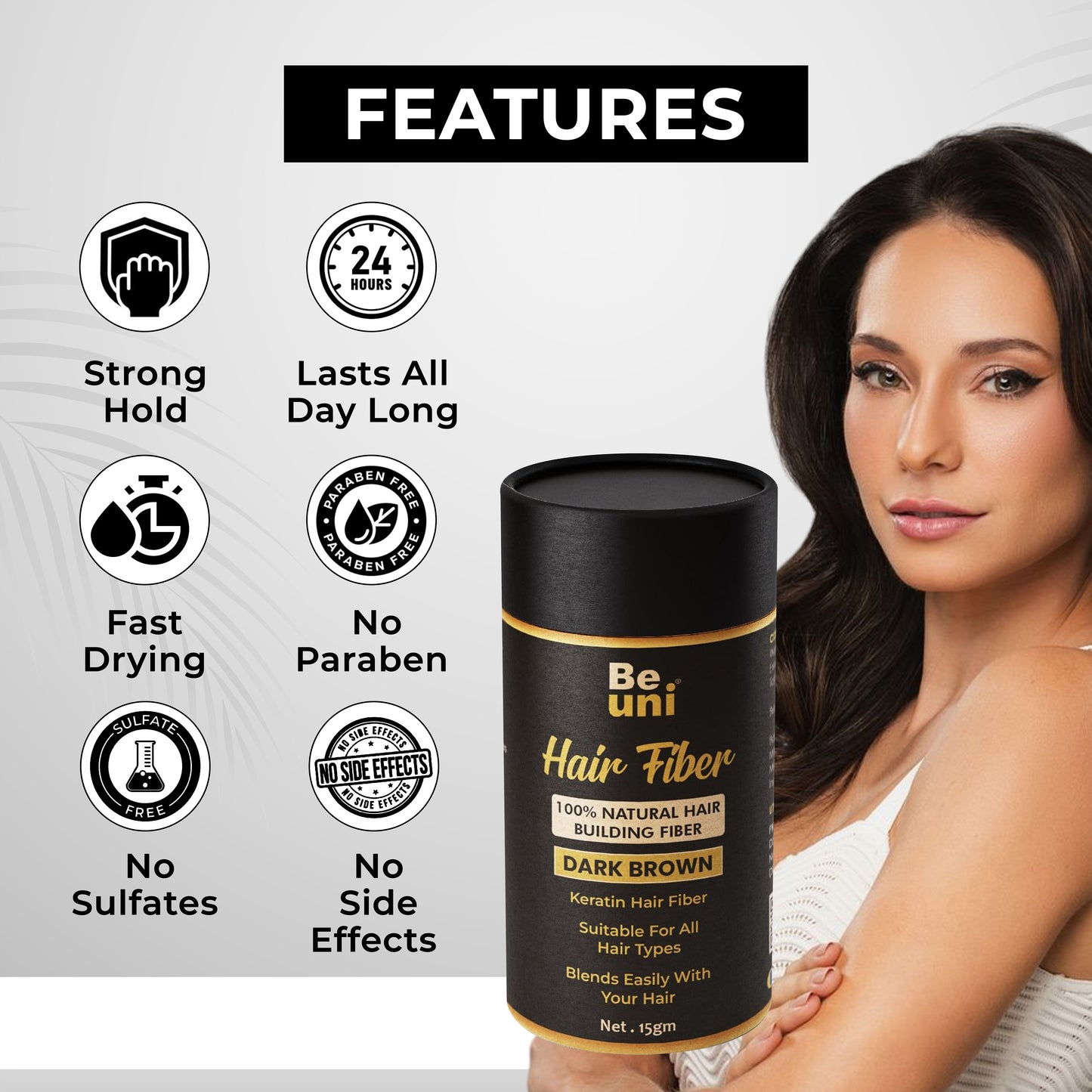 Beuni Hair Fibers for Women & Men (Dark Brown- 15 gm)