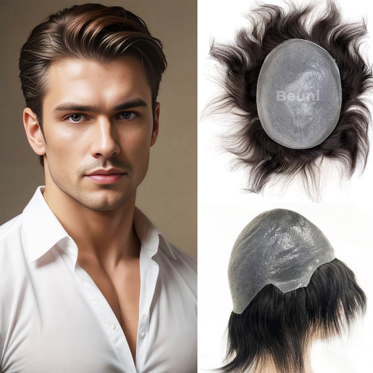 Beuni PU Skin Base Hair Toupee for Men 100% European Hair Replacement System, 0.03mm Thin Skin V-Looped Hair Patch for Men (Black)