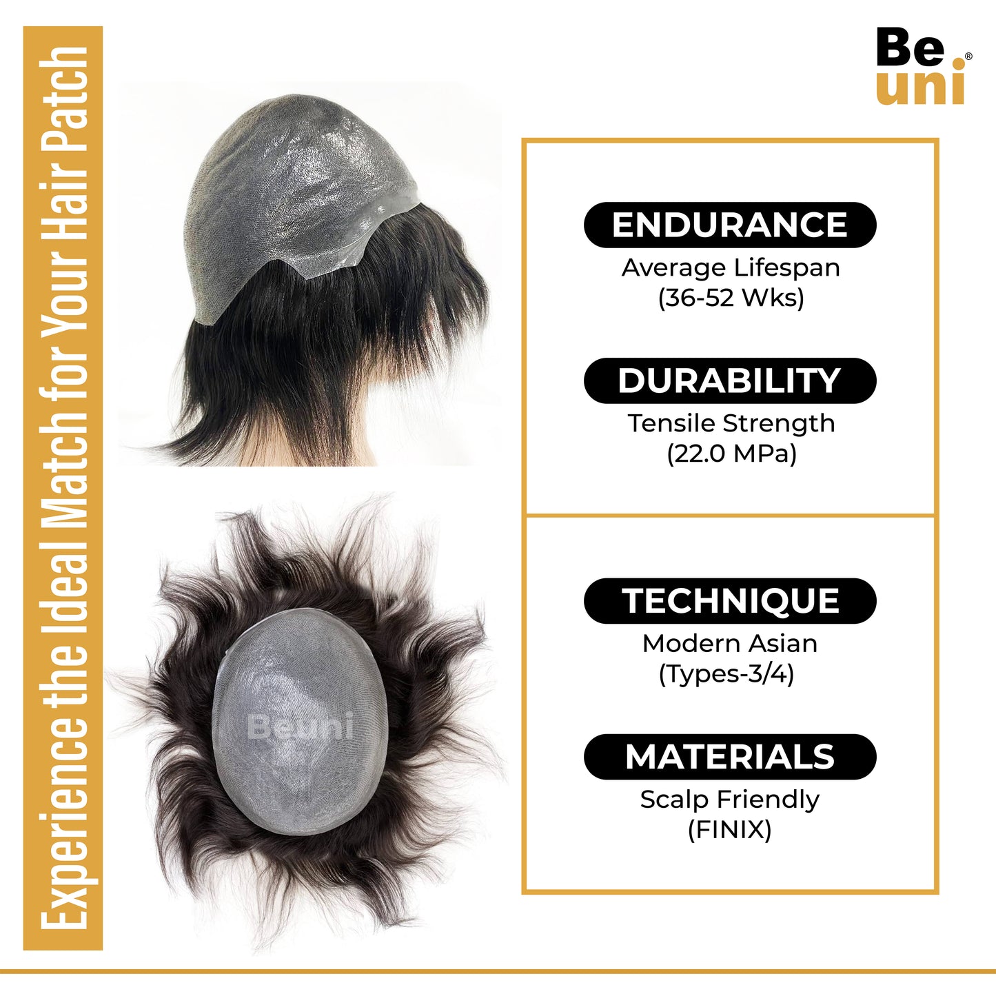 Beuni PU Skin Base Hair Toupee for Men 100% European Hair Replacement System, 0.03mm Thin Skin V-Looped Hair Patch for Men (Black)