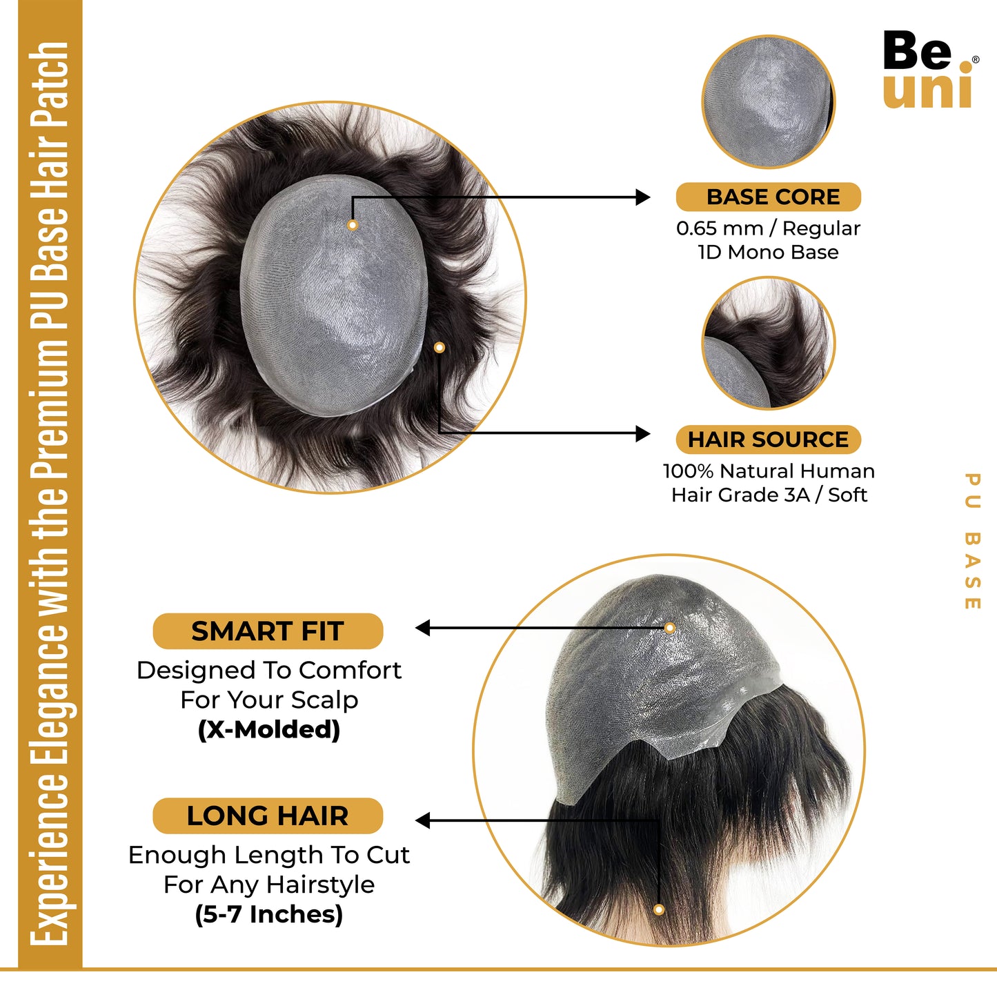 Beuni PU Skin Base Hair Toupee for Men 100% European Hair Replacement System, 0.03mm Thin Skin V-Looped Hair Patch for Men (Black)