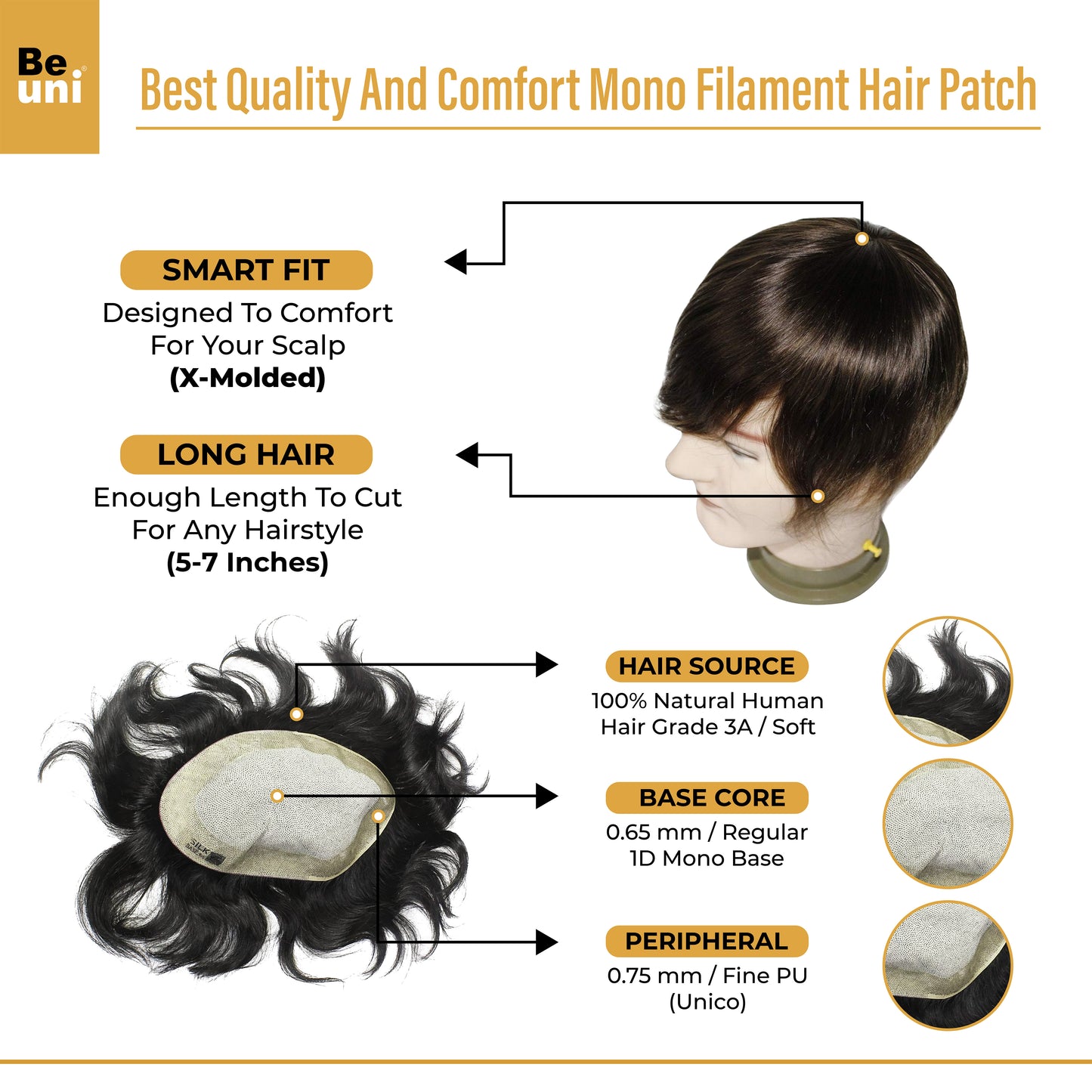 Beuni Silk Base Hair Patch for men Skin Base 100% natural human hair Premium Hair Patch For Men (Natural Black)