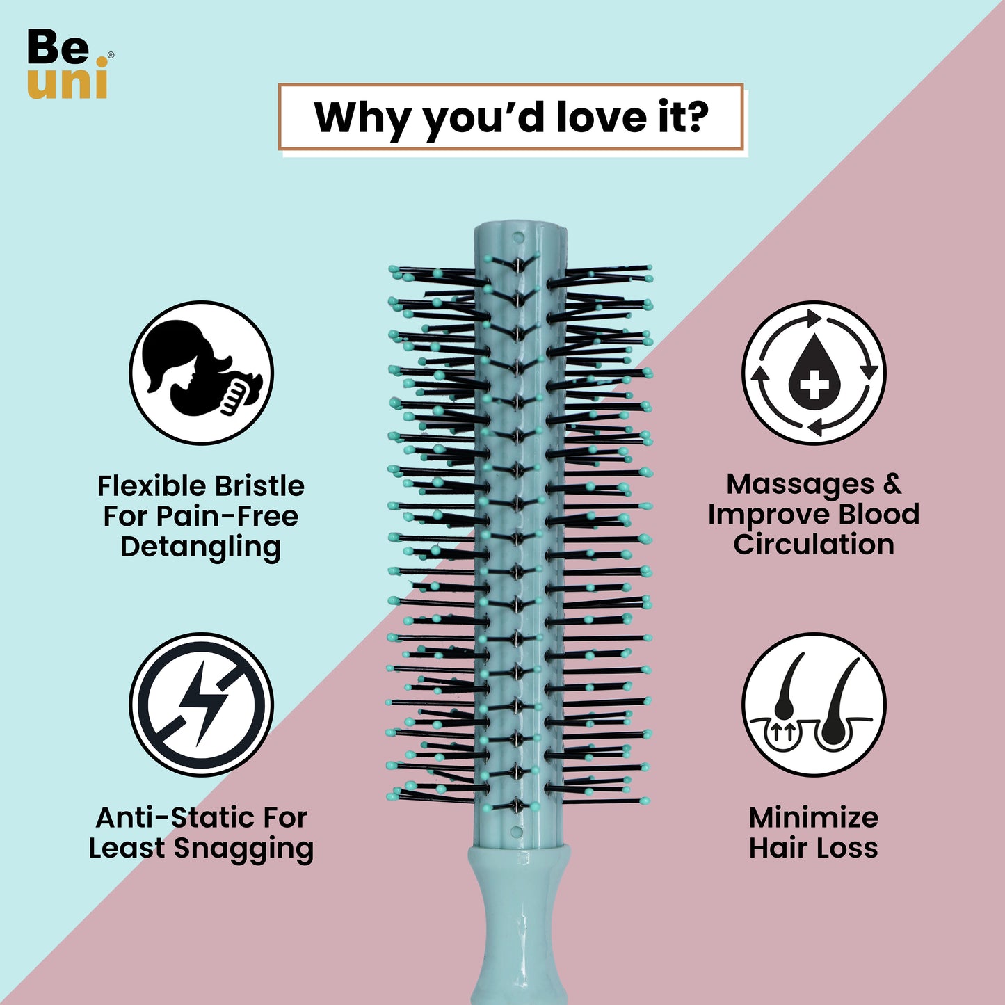 (Sleek Roller Cyan) Beuni Professional Perfect Hair Brush for Men, Women and Kids, Detangler for All Hair Types with Soft Bristles