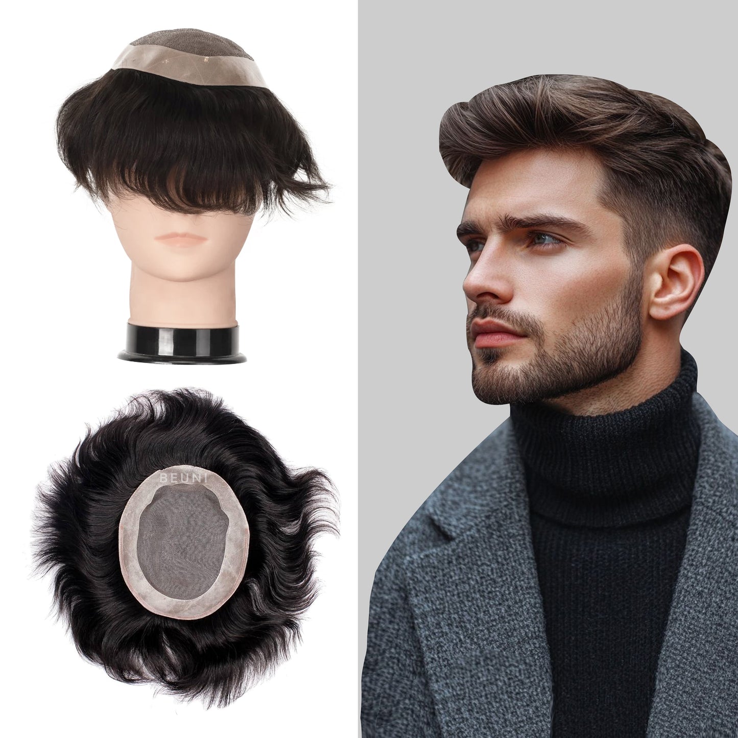 Beuni USA BASE Smart Hair Patch for Men, Matte Hair Wig in 100% Natural Human Hair, Most Durable Grip Strip for Extra Cushioning, 2x Strong Base (Colour: Natural Black)