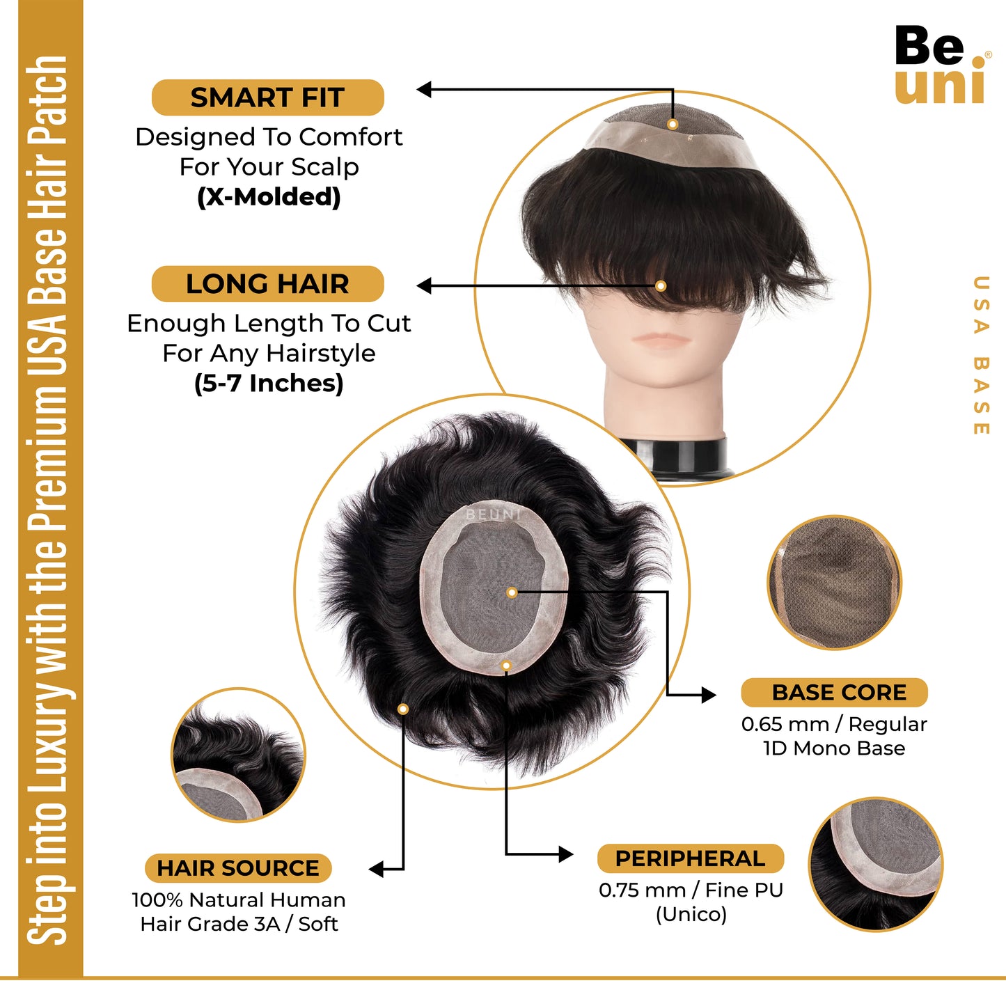 Beuni USA BASE Smart Hair Patch for Men, Matte Hair Wig in 100% Natural Human Hair, Most Durable Grip Strip for Extra Cushioning, 2x Strong Base (Colour: Natural Black)