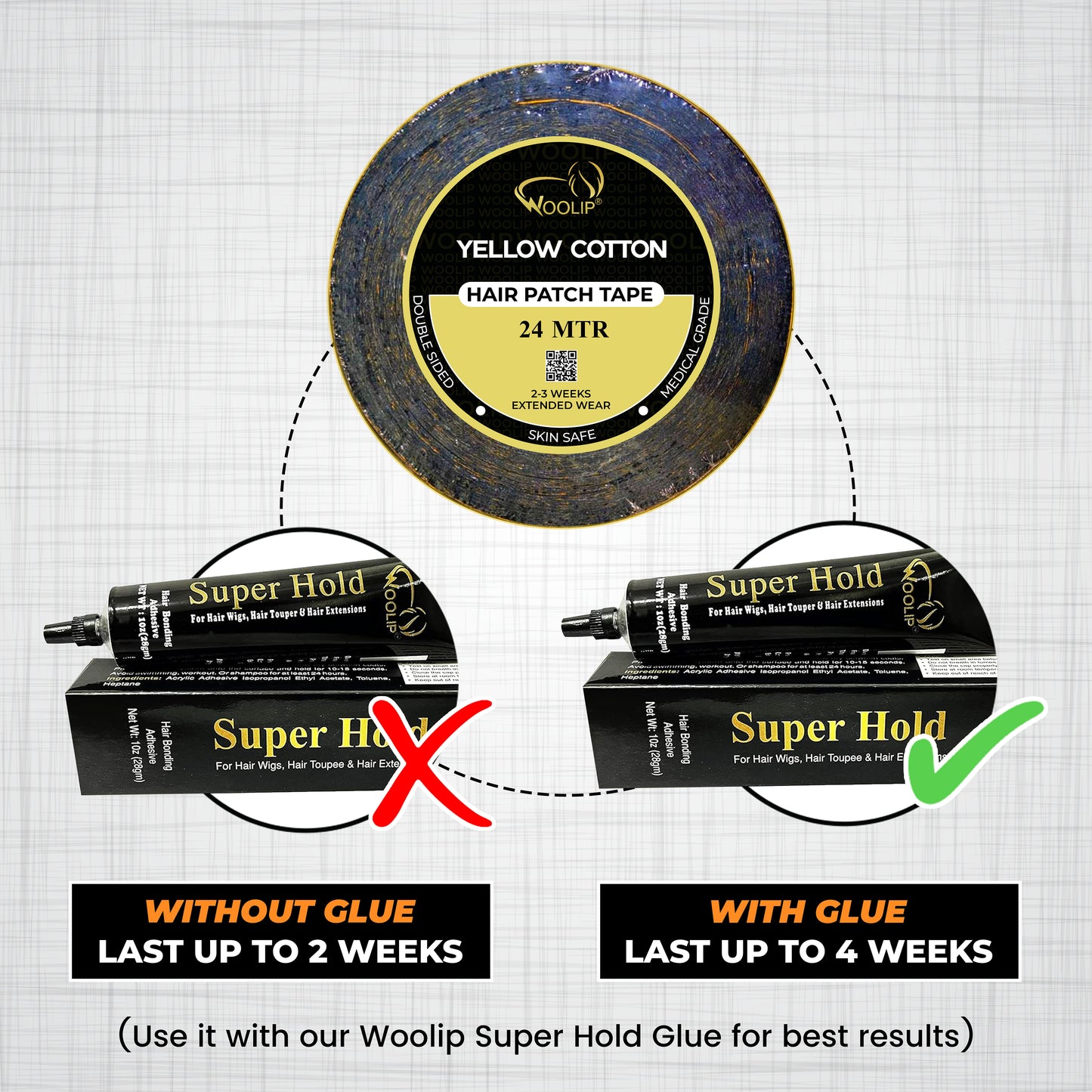 Woolip Yellow Black Double Sided Ultra Hold Waterproof Hair Patch Tape -24m