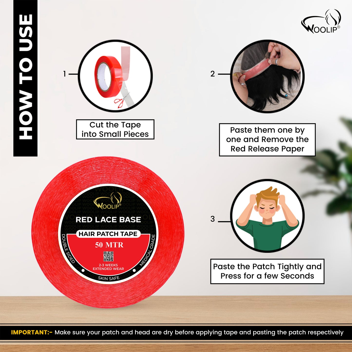 Woolip Transparent Double Sided Red Tape For Hair Patch & Toupee (50 Meter)