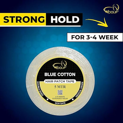 Woolip Yellow box strong blue Tape | 1 Inch Cotton Material, Double Sided, and Waterproof Hair patch Tape (Blue- 5meter)