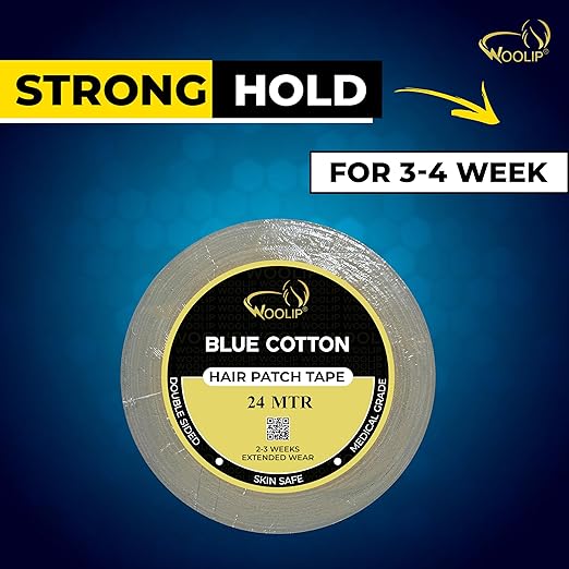 Woolip Yellow box strong blue Tape | 1 Inch Cotton Material, Double Sided, and Waterproof Hair patch Tape (Blue- 24meter)