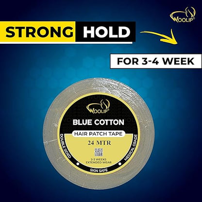 Woolip Yellow box strong blue Tape | 1 Inch Cotton Material, Double Sided, and Waterproof Hair patch Tape (Blue- 24meter)