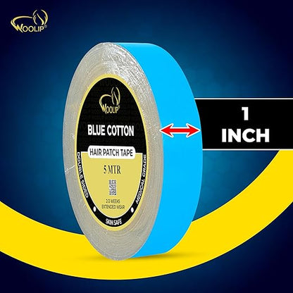 Woolip Yellow box strong blue Tape | 1 Inch Cotton Material, Double Sided, and Waterproof Hair patch Tape (Blue- 5meter)