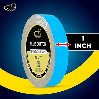 Woolip Yellow box strong blue Tape | 1 Inch Cotton Material, Double Sided, and Waterproof Hair patch Tape (Blue- 24meter)