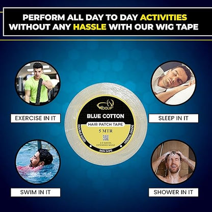 Woolip Yellow box strong blue Tape | 1 Inch Cotton Material, Double Sided, and Waterproof Hair patch Tape (Blue- 5meter)