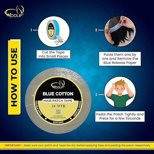 Woolip Yellow box strong blue Tape | 1 Inch Cotton Material, Double Sided, and Waterproof Hair patch Tape (Blue- 24meter)
