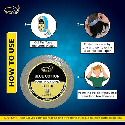 Woolip Yellow box strong blue Tape | 1 Inch Cotton Material, Double Sided, and Waterproof Hair patch Tape (Blue- 24meter)