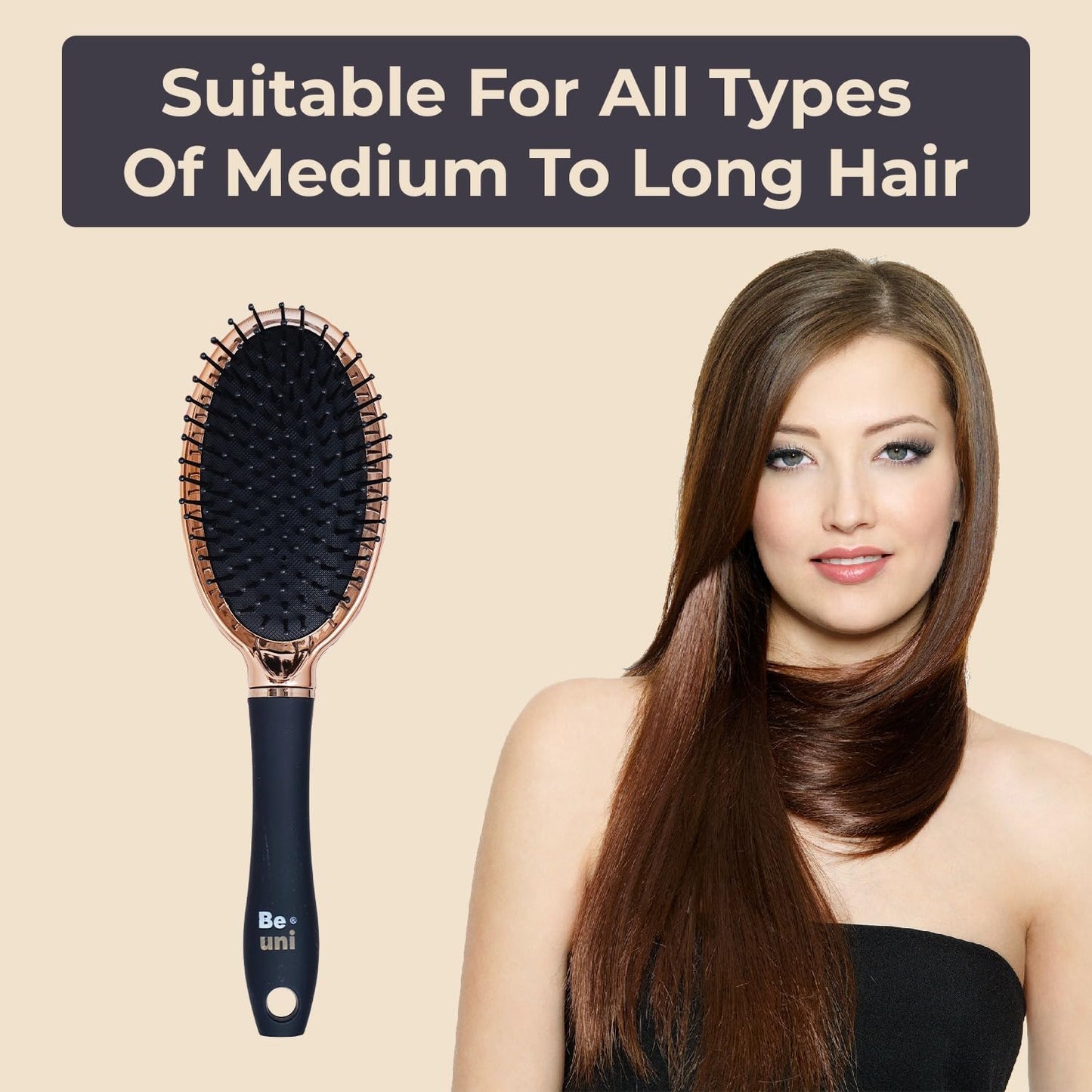 (Oval Cushion Golden) Beuni Professional Perfect Hair Brush for Men, Women, and Kids, Detangler for All Hair Types with Soft Bristles