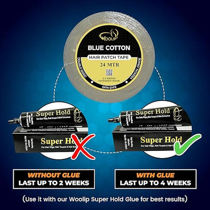 Woolip Yellow box strong blue Tape | 1 Inch Cotton Material, Double Sided, and Waterproof Hair patch Tape (Blue- 24meter)