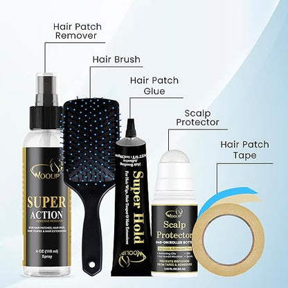 Woolip Hair Patch For Men Kit - 5 Items Includes Hair Patch Tape For Men, Hair Patch Glue, Patch Remover, Scalp Protector, Hair Brush