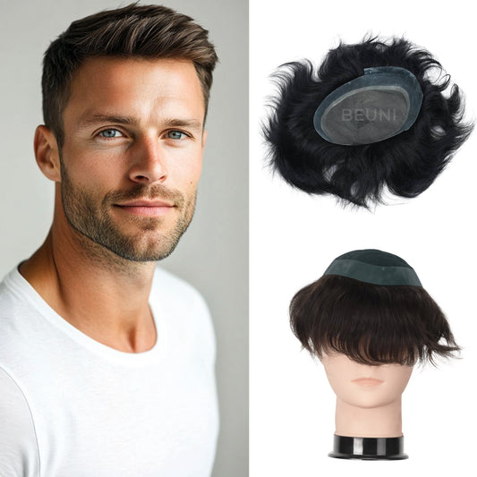 Beuni Australian Miraj Hair Patch Transparent Poly PU Front and Border Undetectable Hair Wig for Men (Black)