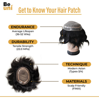 Beuni Golden Hair Miraj Hair Patch for Men-Natural Looking Slik Base Hair System/Patch/Toupee/Wig/Piece,Non Surgical Hair Replacement Solution -Black