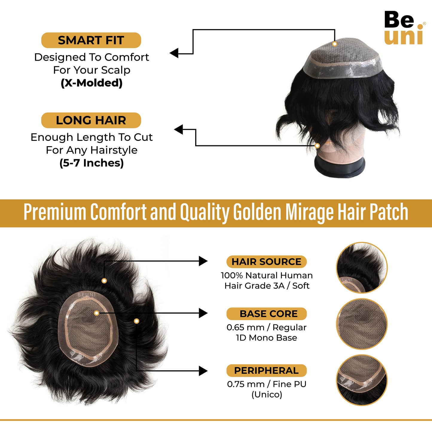 Beuni Golden Hair Miraj Hair Patch for Men-Natural Looking Slik Base Hair System/Patch/Toupee/Wig/Piece,Non Surgical Hair Replacement Solution -Black