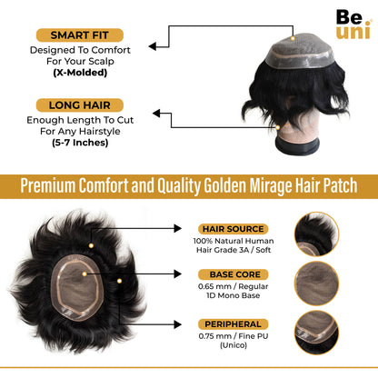 Beuni Golden Hair Miraj Hair Patch for Men-Natural Looking Slik Base Hair System/Patch/Toupee/Wig/Piece,Non Surgical Hair Replacement Solution -Black