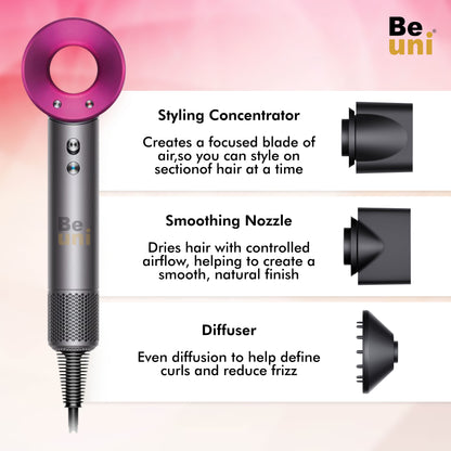 Beuni Supersonic Hair Dryer (Extra Attachments)– Full Styling Kit with High-Speed Motor and 5 Magnetic Attachments