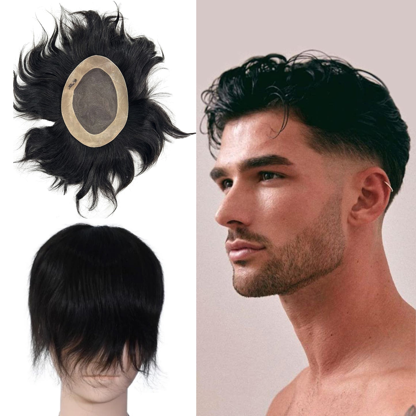 Beuni Smart Hair Patch for Men, Monofilament Apollo Mono Wig in 100% Natural Human Hair, Long Lasting Base Soft Fit (Colour: Natural Black)