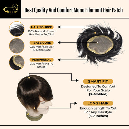 Woolip Hair patch for men, Hair wig for men, Monofilament, 100% natural human hair, Durable & Easy To Self-Service, Men, Pack of 1 (Black)