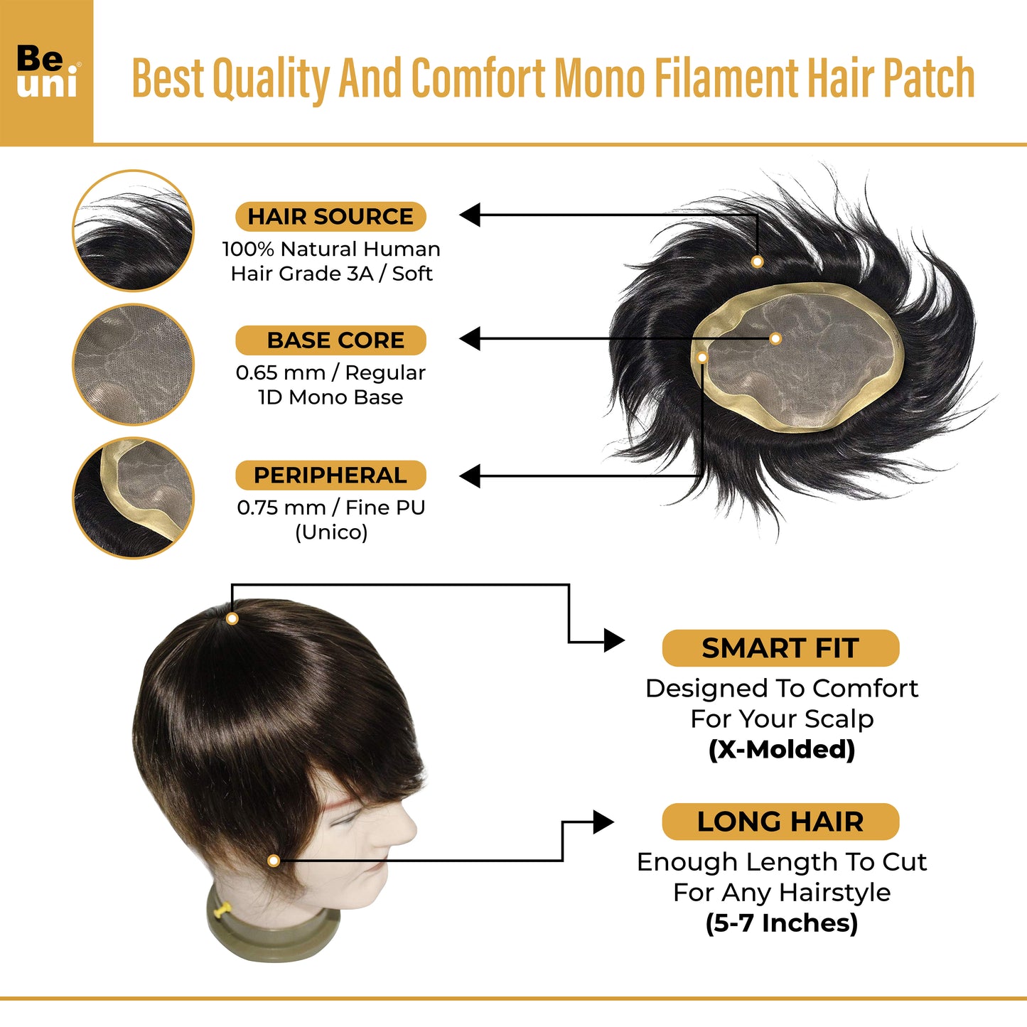 Beuni Smart Hair Patch for Men, Monofilament Apollo Mono Wig in 100% Natural Human Hair, Long Lasting Base Soft Fit (Colour: Natural Black)