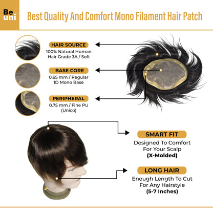 Beuni Smart Hair Patch for Men, Monofilament Apollo Mono Wig in 100% Natural Human Hair, Long Lasting Base Soft Fit (Colour: Natural Black)