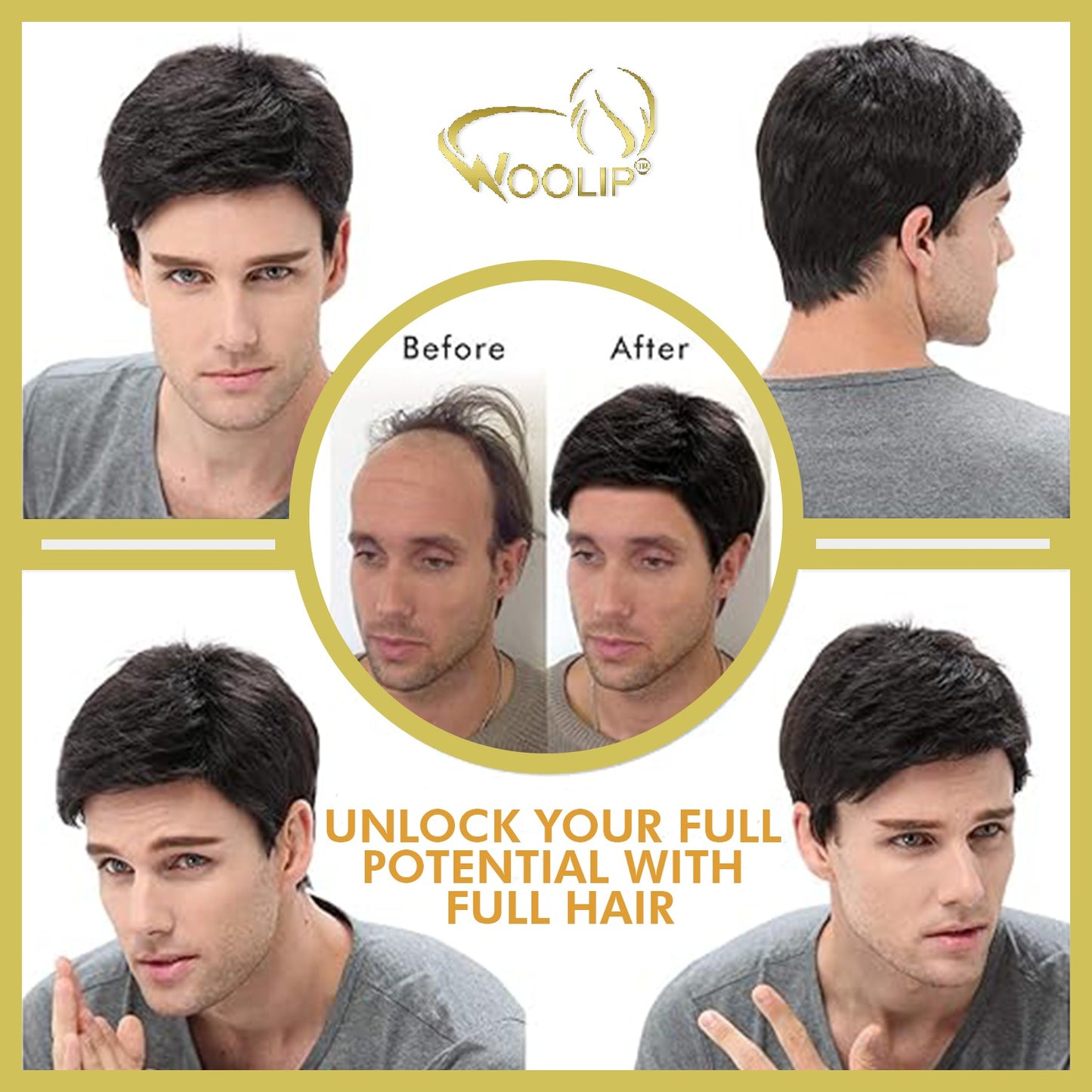 Woolip Hair patch for men, Hair wig for men, Monofilament, 100% natural human hair, Durable & Easy To Self-Service, Men, Pack of 1 (Black)