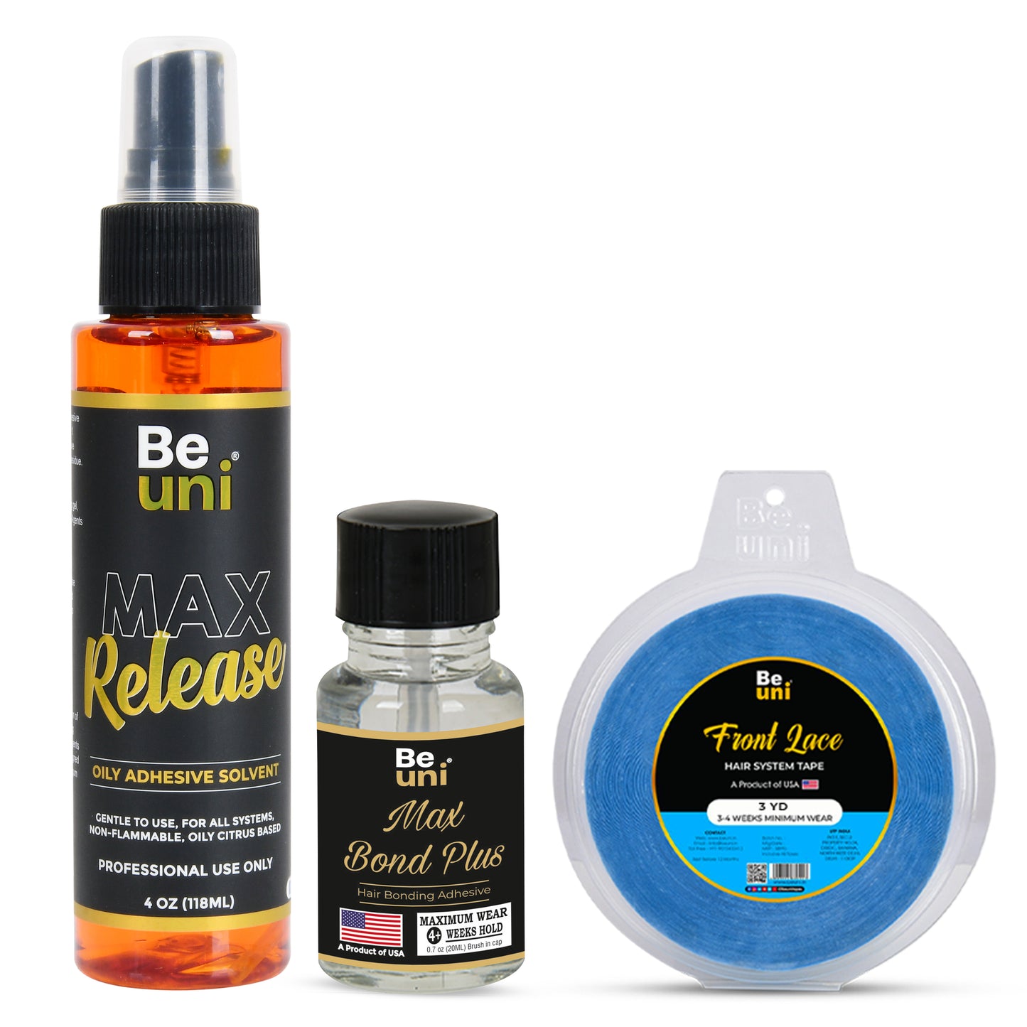 Max Release Remover (118ml) + Front Lace Tape (1'' x 3yd) +  Max Bond Plus Strong Glue (20ml)- 3 product combo