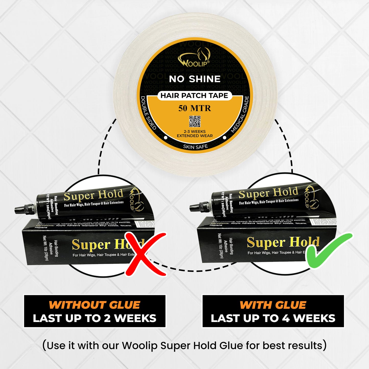 Woolip Super Stretch Double sided No Shine Hair Patch Ultra Hold Tape (50 Meter)