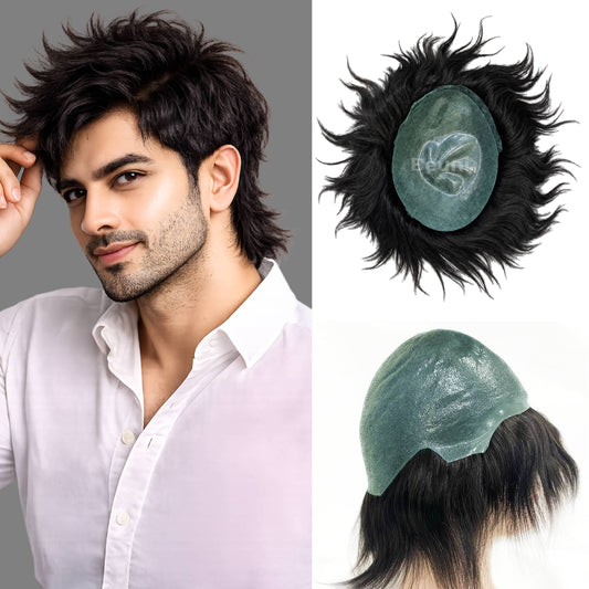 Beuni PU Skin Base Hair Toupee for Men 100% European Hair, 0.03mm Thin Skin V-Looped Hair Patch for Men (Black)