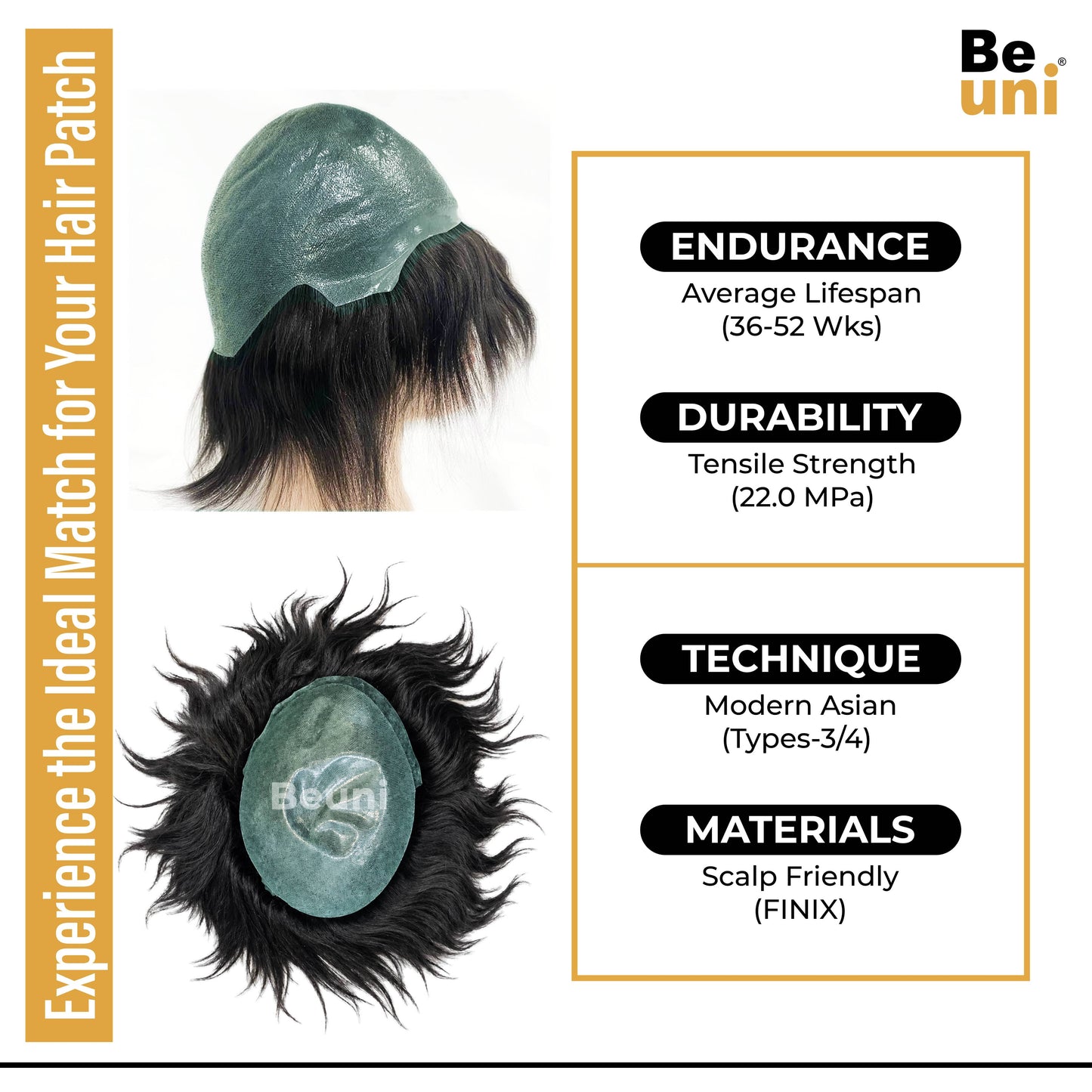 Beuni PU Skin Base Hair Toupee for Men 100% European Hair, 0.03mm Thin Skin V-Looped Hair Patch for Men (Black)