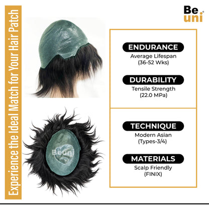 Beuni PU Skin Base Hair Toupee for Men 100% European Hair, 0.03mm Thin Skin V-Looped Hair Patch for Men (Black)