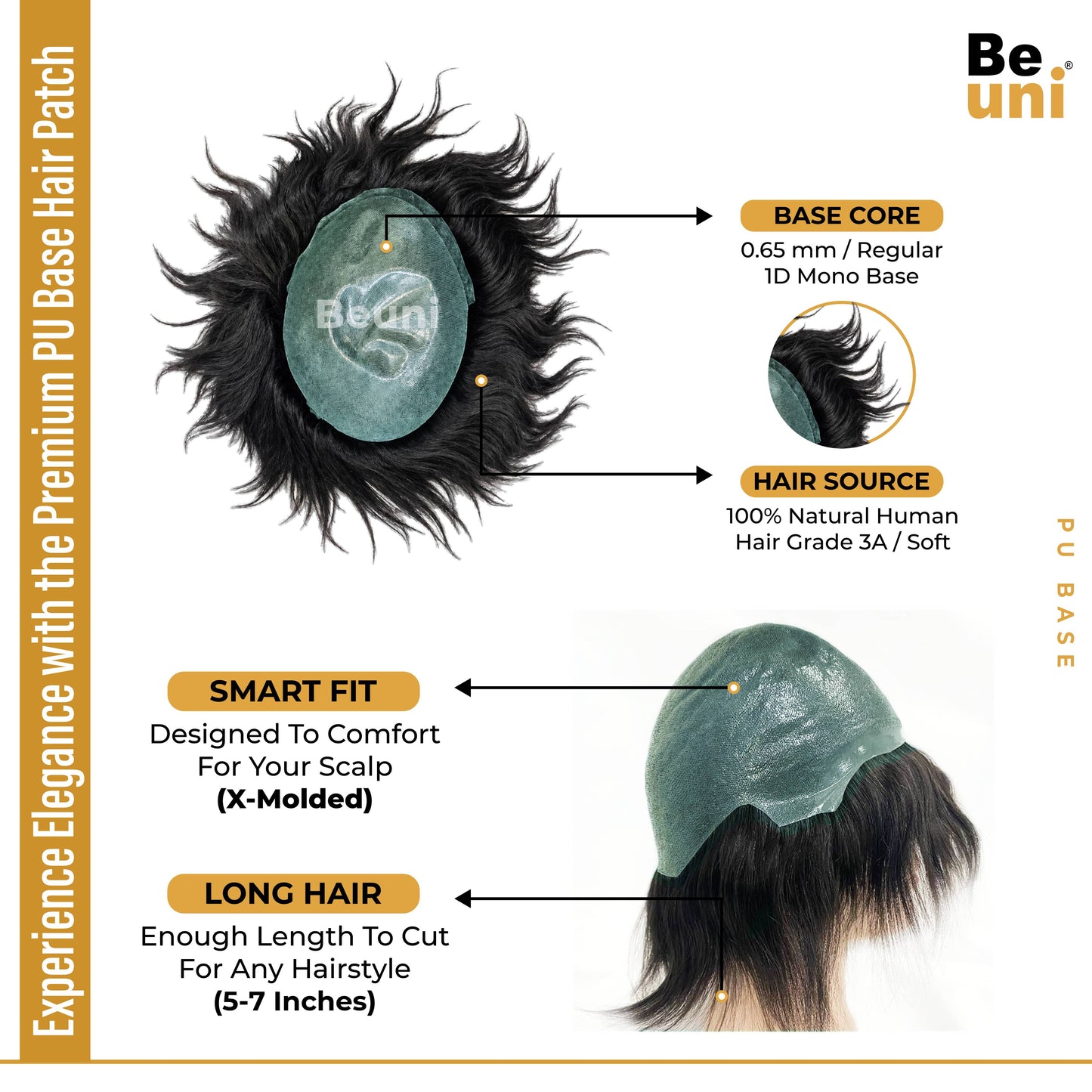 Beuni PU Skin Base Hair Toupee for Men 100% European Hair, 0.03mm Thin Skin V-Looped Hair Patch for Men (Black)