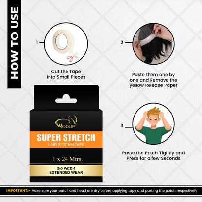 Woolip Super Stretch Double sided No shine Hair Patch Ultra Hold Tape (24 Meter)