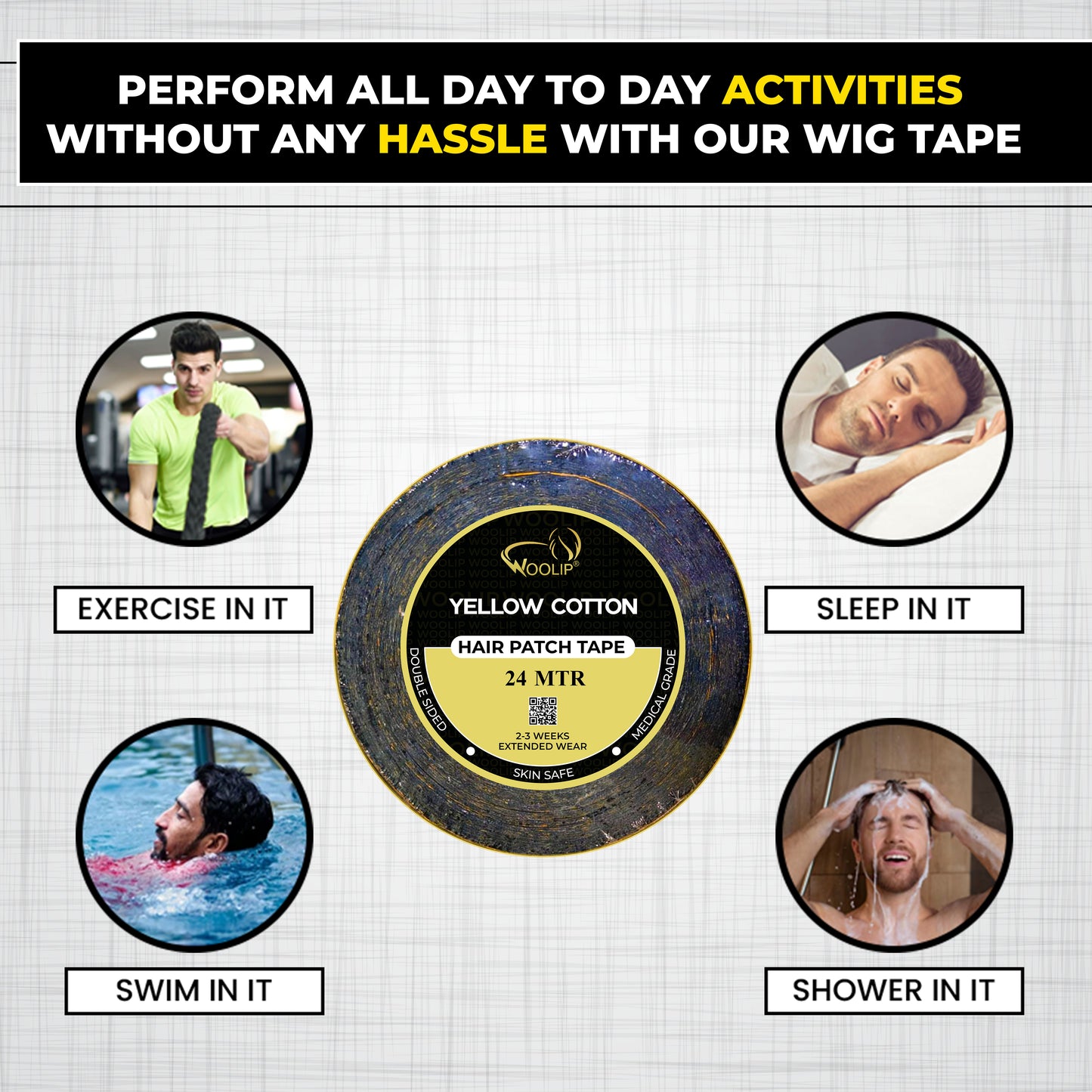 Woolip Yellow Black Double Sided Ultra Hold Waterproof Hair Patch Tape -24m